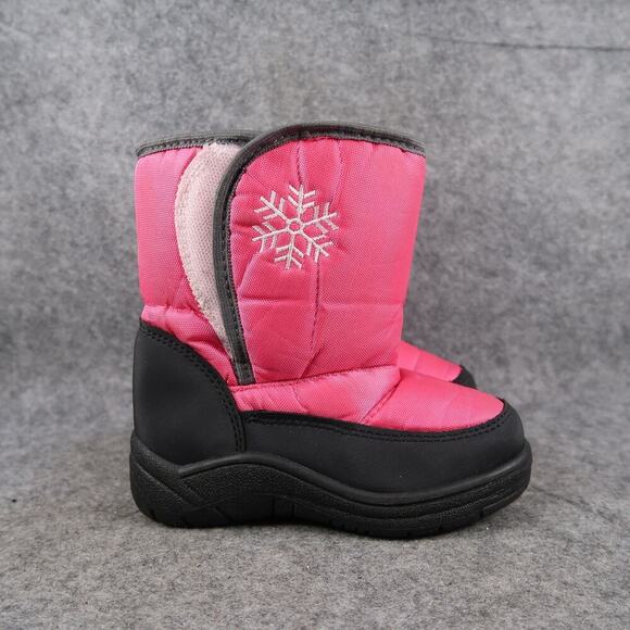Winter Boots Kids Girls 10 Winter Warm Easy On Pink Black Snowflake Outdoor - Picture 1 of 11